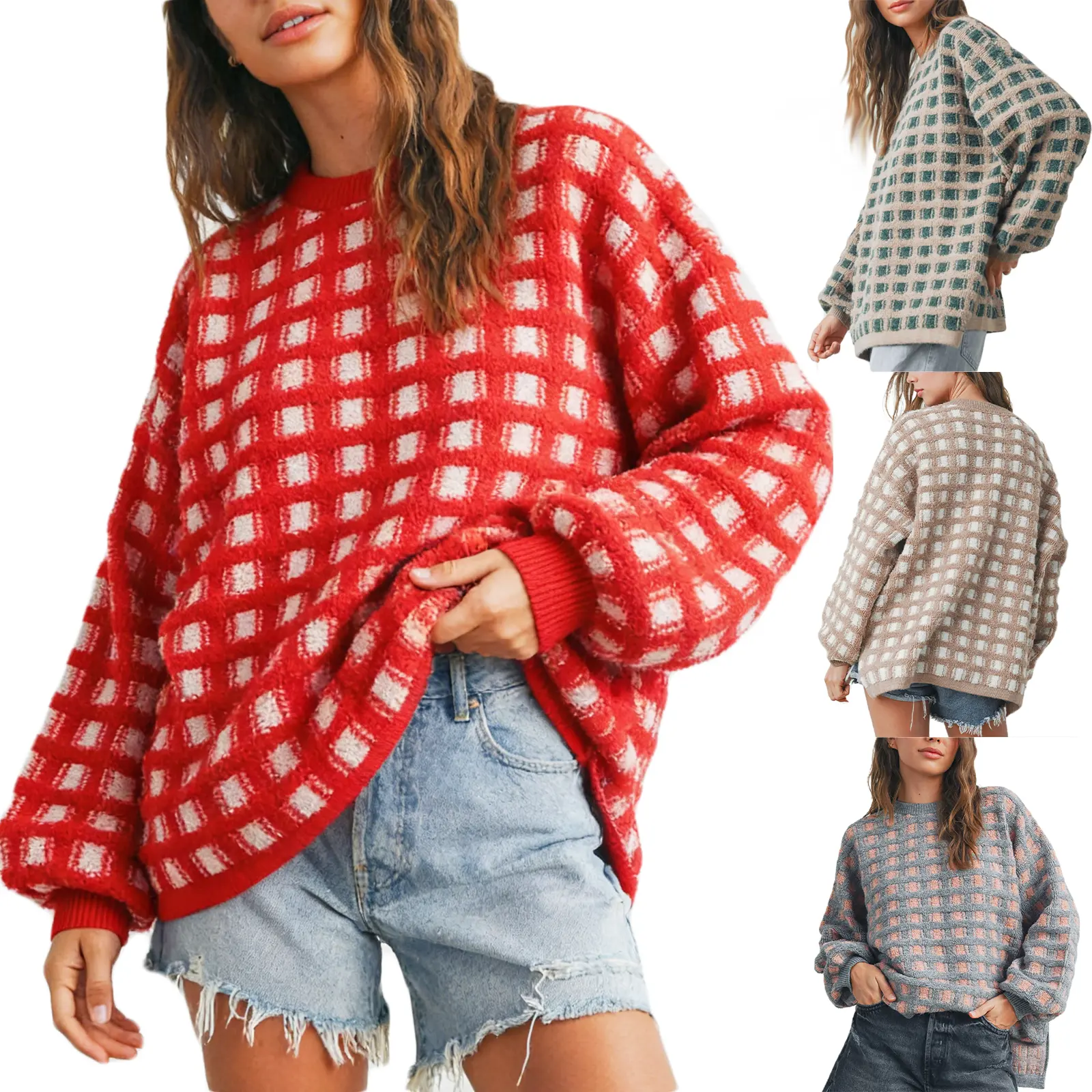 Checkered Sweaters for Women Long Sleeve Crew Neck Knit Sweater Top Plaid Pullover Fall Vintage Gingham Knitwear