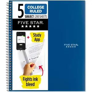 Five Star Spiral Notebook + Study App, 5 Subject, College Ruled Paper, Fights Ink Bleed, Water Resistant Cover, 81/2" x 11", 200 Sheets, Blue (73635)