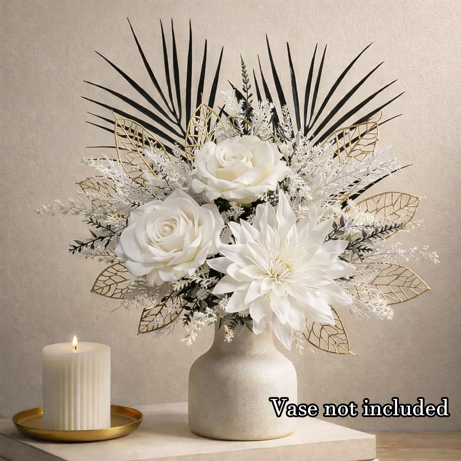 Elegant Floral Arrangement with Roses, Frost Flowers, Gold Veined Leaves, Leaves, Thin Branches, Ideal for Living Room Decor, Flower Arrangements, Flower Design Decorations