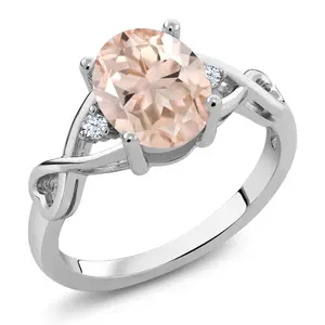 Gem Stone King 1.65 Cttw Peach Morganite and White Topaz Engagement Ring For Women |  925 Sterling Silver | Oval 9X7MM | Three Stone Wedding Engagement Anniversary Promise Ring For Women