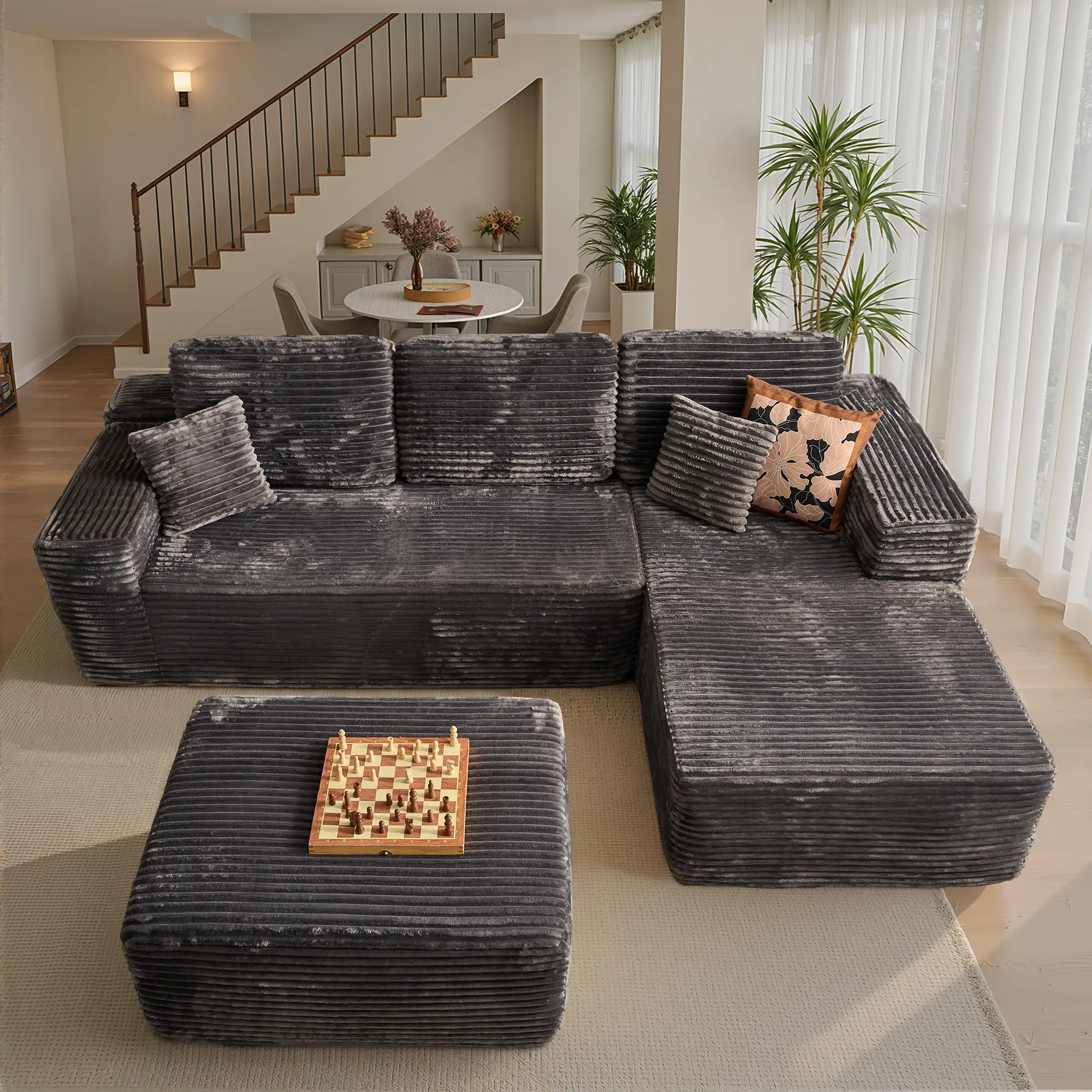 Grey Plush Corduroy Right Chaise