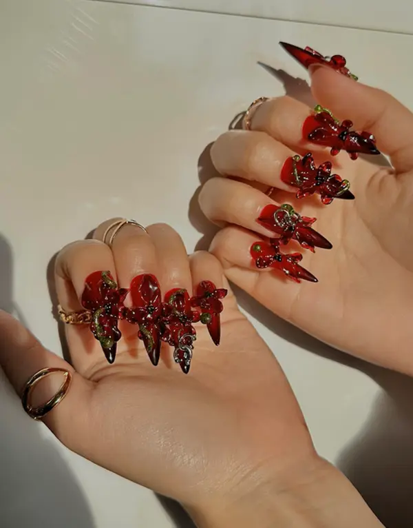 Vampy Red Jelly Press On Nails | Long Stiletto Fake Nails with 3D Dark Red Flowers & Green Vines | Luxury Gothic Fairycore Reusable False Nails | Edgy Dark Floral Manicure Set