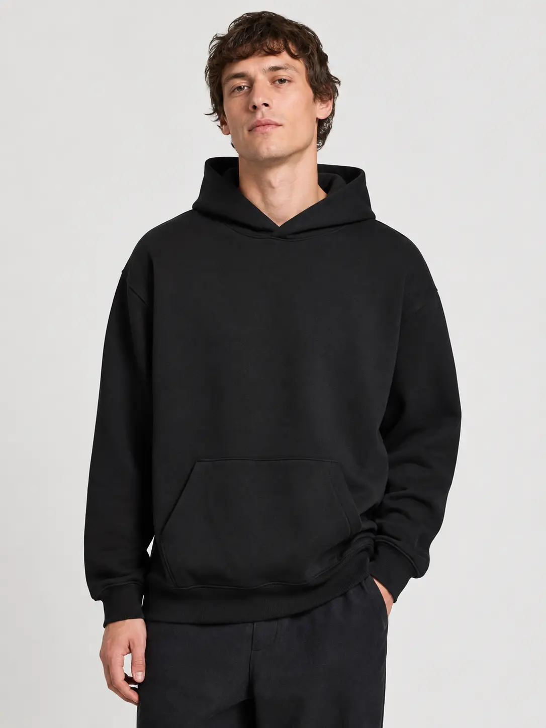 Men's Oversized All Black Hoodie, Solid Black 80% Cotton Sweatshirt, Loose Fit Streetwear Top with Kangaroo Pocket