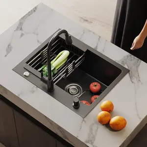 HYSTINKAT Matte Black Sink Suite - Pro-Grade Pull-Down Faucet with Soap Dispenser & X-Flow Drain, Heavy-Duty Composite Basin for Restaurant Bars/Modern Kitchens, Tool-Free Install & ScratchGuard Surface