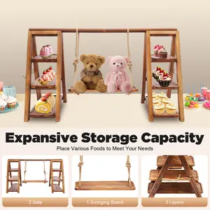 White 3 Tier Wooden Serving Ladder Stand A Frame Rustic Dessert Cake Cupcake Display with Removable Trays Swinging Plate Hemp Rope Iron Pine 4.41LBS Load Bearing for Wedding Party Christmas Home Decor