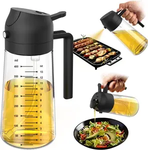 16oz Glass Olive Oil Sprayer for Cooking, 2 in 1 Olive Oil Dispenser Bottle with Spray and Pour Function, Refillable Kitchen Oil Mister for Air Fryer, Salad, BBQ, Roasting, Grilling, Non-Drip Cooking Oil Container, Black