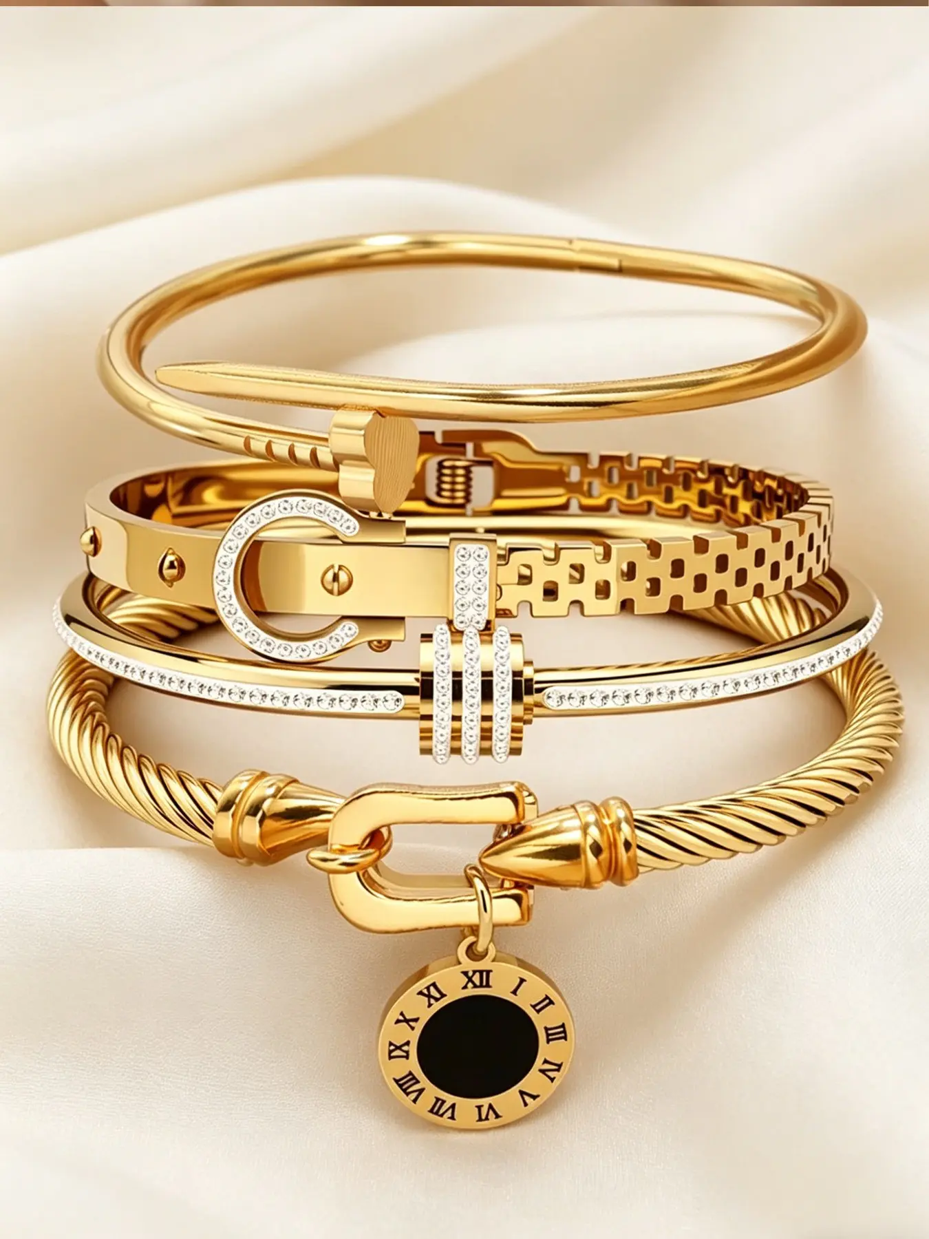 4 PCS stainless steel bracelets, Multilayered Bangles, stackable bangle bracelets, Stacking Bangles, Exquisite Bracelet, perfect for daily wear and holidays, ideal gift for mother or girlfriend