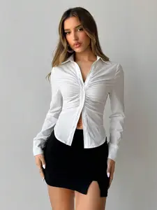 New Office Commute Daily Wear Women Long Sleeve Basic Blouse Shirts Pointed Collar Pleated Chest Panel Stand Collar Single Piece, Stylish and Comfortable Everyday Womenswear