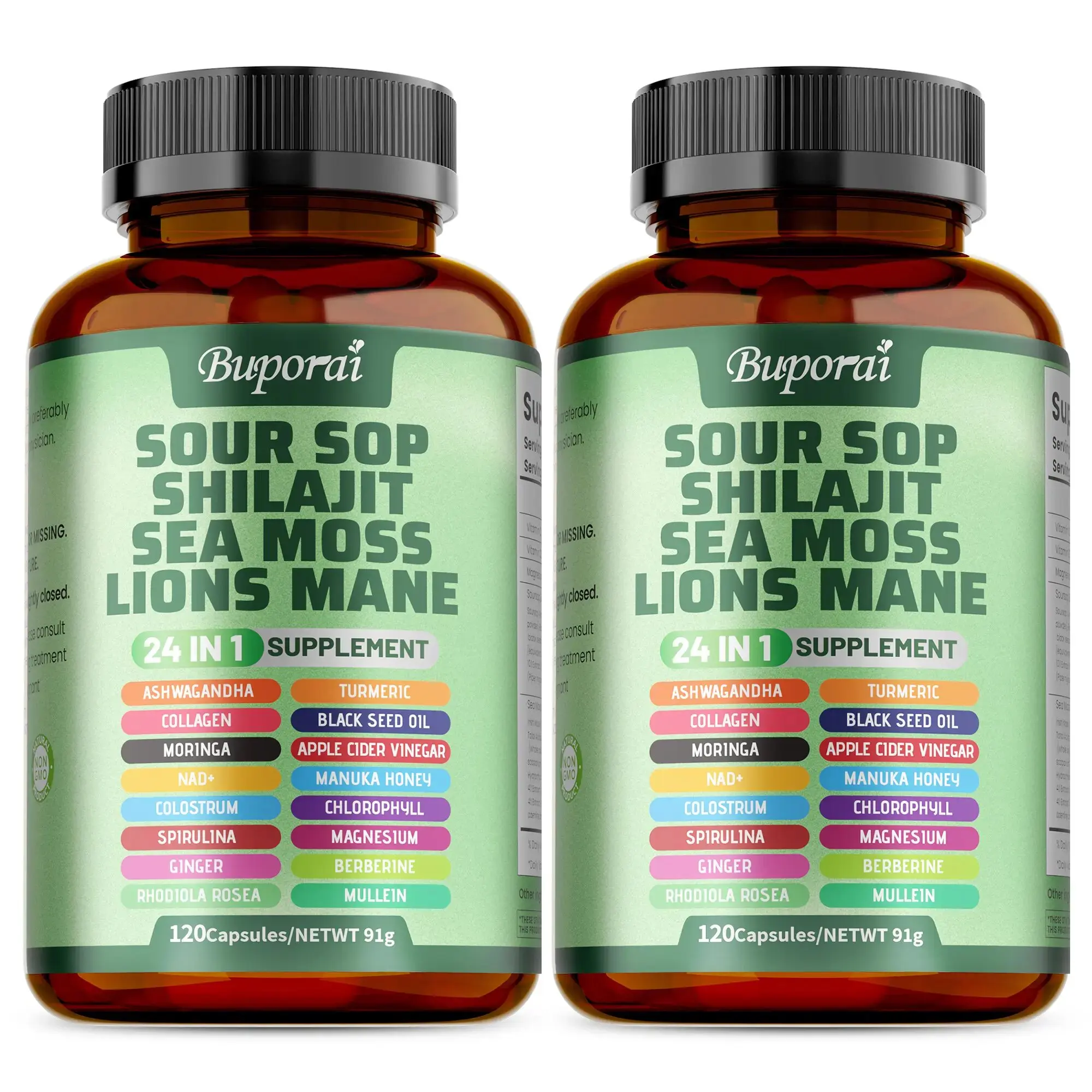 Buporai 24-in-1 dietary supplement, 120 capsules per bottle, is enriched with soursop, seaweed and lion's mane mushroom to support skin and joint health.