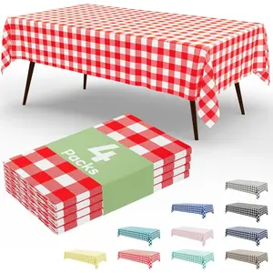 4 Packs Buffalo Disposable Table Cloth, 54 x 108 Inch Waterproof Plastic Tablecloth, Rectangle Red and White Checkered Table Covers for Picnic, Birthday, Party