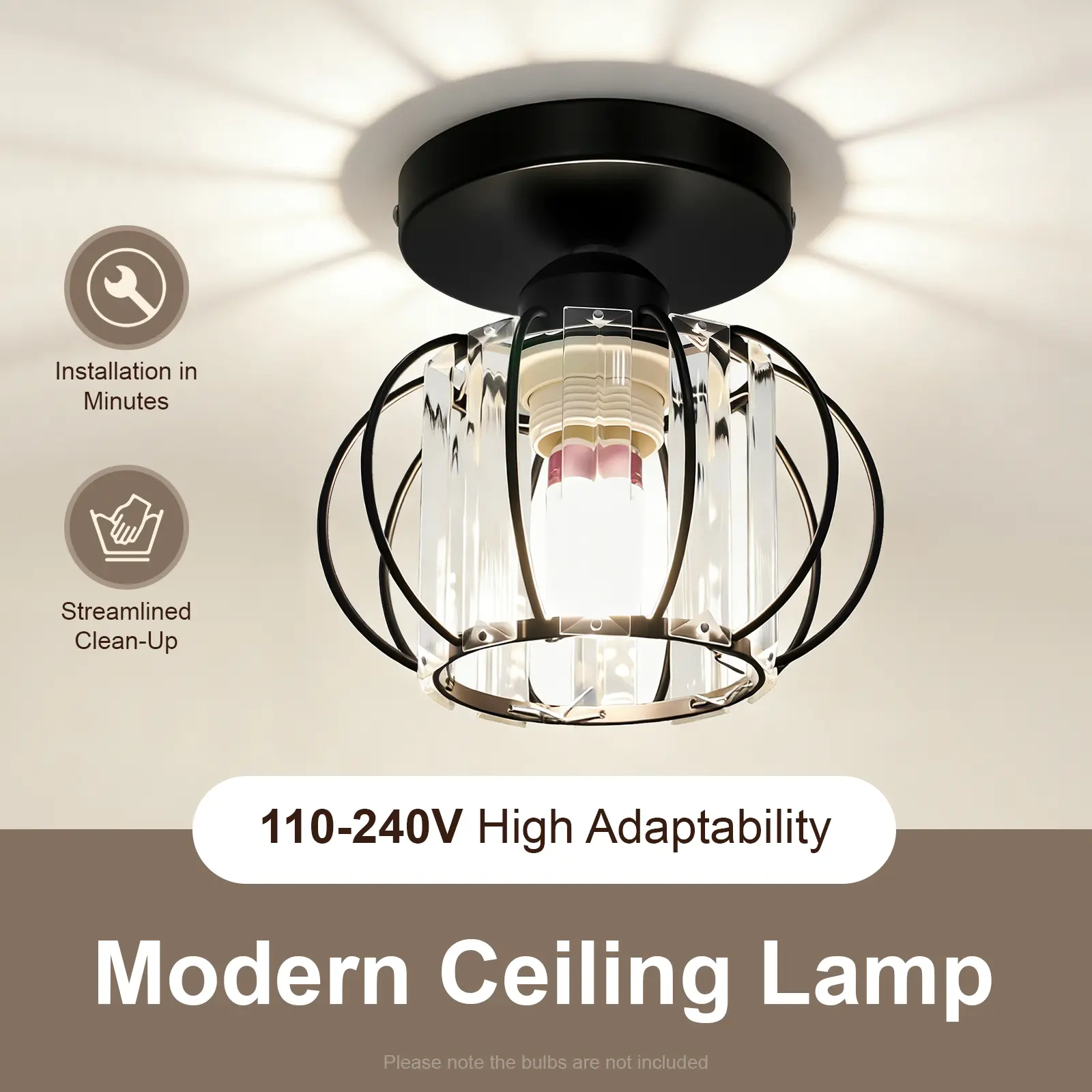Modern Black Iron Frame Ceiling Light Fixture - Ceiling Lamp, E27 Base, 20W Compact Flush Mount, Rustproof, High Transmittance Soft Even Light, Clean Lines, Wide Voltage, for Bedroom Living Room