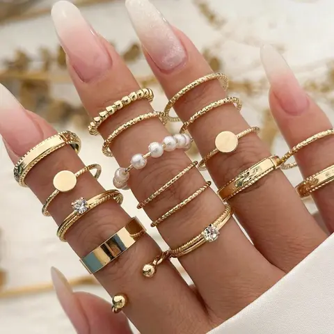 Boho Geometric Wave Ring Set, 16pcs Alloy Rhinestone Rings, Casual Plain Design, Perfect for Women Daily Wear, Parties, Gifts, Boho Stackable Rings, Boho Style Rings, Dainty Stacking Rings, Boho Style Jewelry, Stackable Finger Rings
