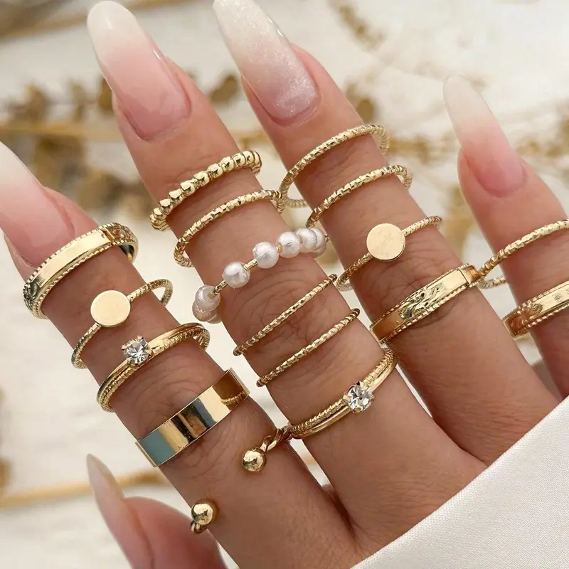 Boho Geometric Wave Ring Set, 16pcs Alloy Rhinestone Rings, Casual Plain Design, Perfect for Women Daily Wear, Parties, Gifts, Boho Stackable Rings, Boho Style Rings, Dainty Stacking Rings, Boho Style Jewelry, Stackable Finger Rings