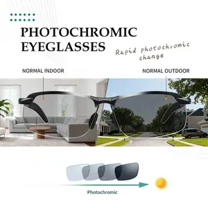 Photochromic Polarized Fashion Glasses - Frameless Photochromic Lenses Unisex, Retro Half Metal Frame, Blue Light Filter, Sport Style, Suitable for Outdoor Outings