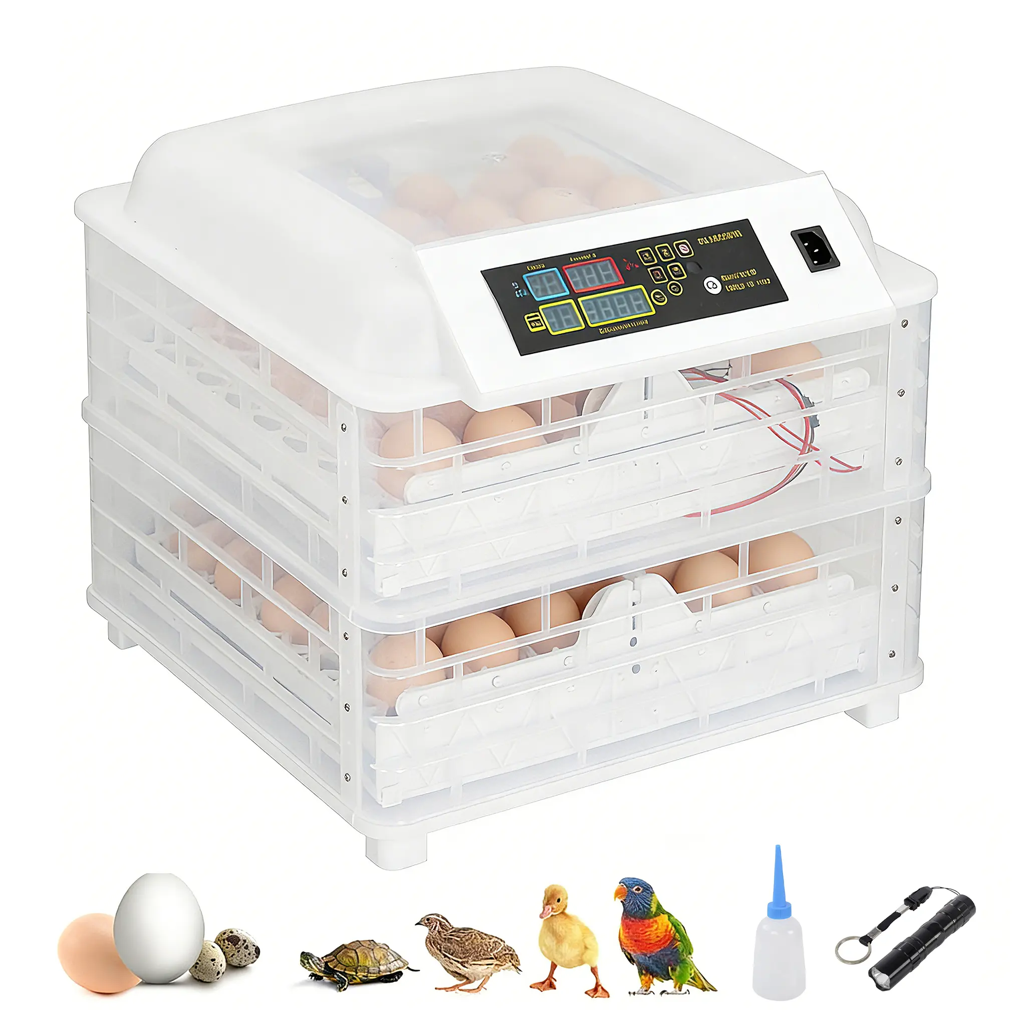 112-Egg Fully Automatic 2-in-1 Incubator with Auto-Turning, Digital Temperature Control, Transparent Design, Safety, High Accuracy, 100w, 210.93Oz/5980G, AC 110v, (22.44x21.26x12.8")/(57x54x32.5)cm for Chicken Eggs