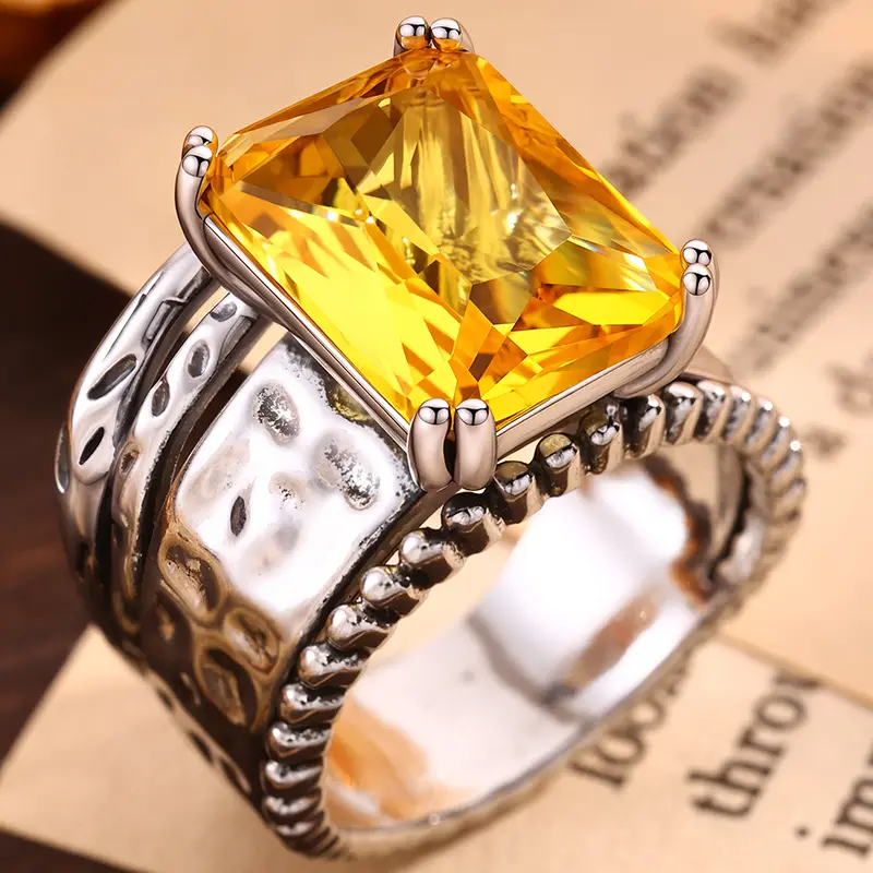 Women's Vintage Yellow Square Gemstone Statement Ring,  promise rings for gf, engagement rings, accessories for women, Suitable for parties,Christmas and Halloween,festivals, gifting, and daily wear