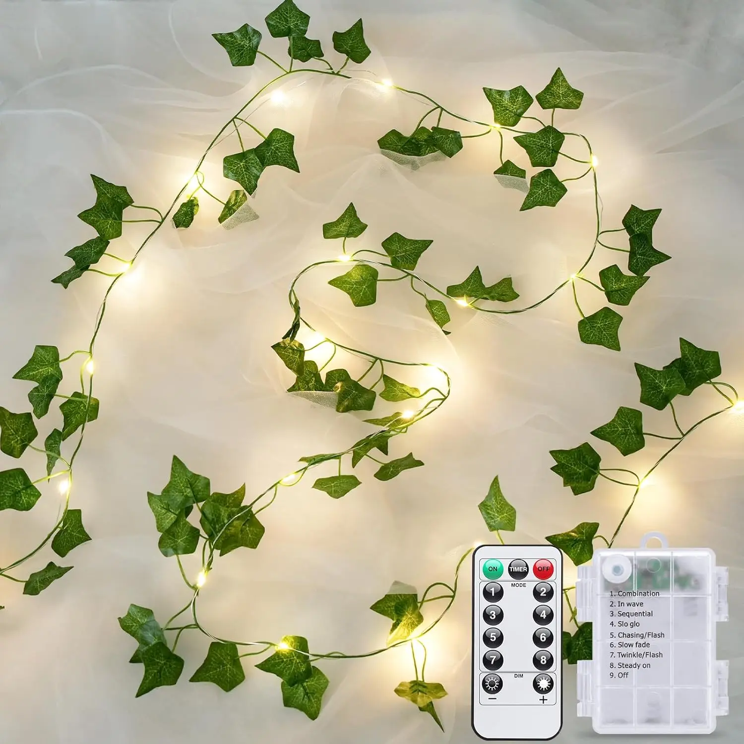 33ft100 LED Ivy Vine with Fairy Lights Battery Operated, Pothos String Lights with Remote, Leaf Lights for Bedroom, Room, Wall, Garden, Party, Wedding Dorm Decor(Warm White)