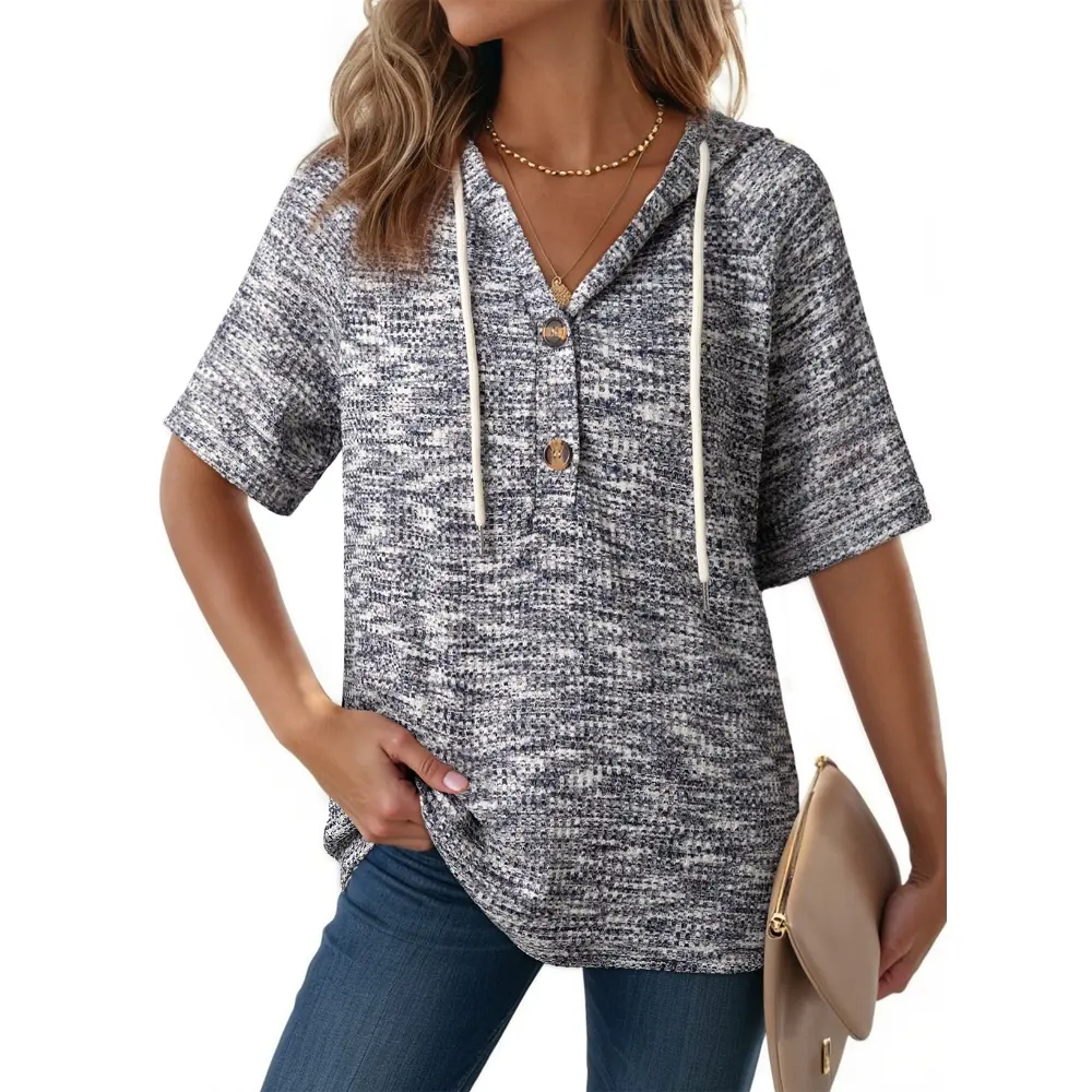 Dokotoo Womens Summer Tops 2026 Short Sleeve Button V Neck Waffle Knit Lightweight Drawstring Hoodies Casual Blouses Shirts