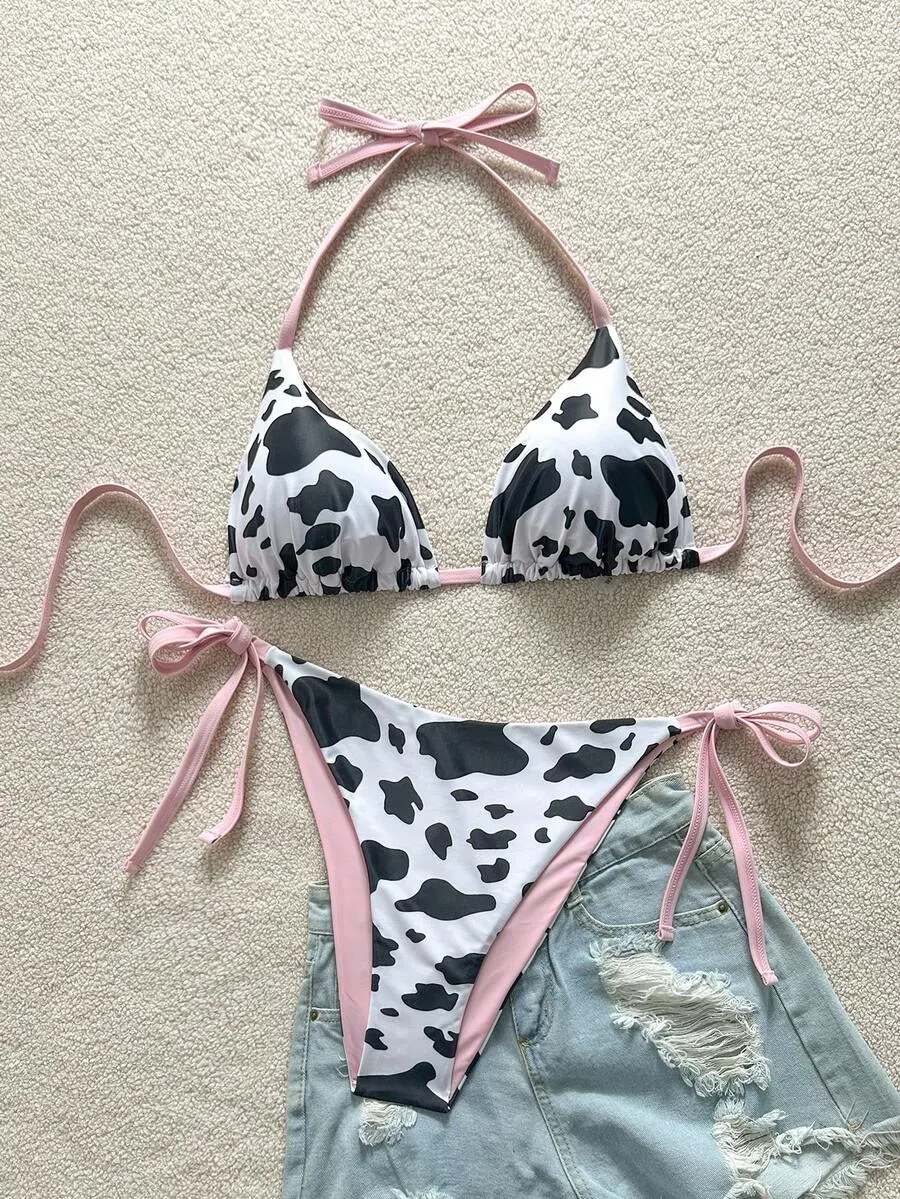 Plus Size Women'S Cow Print Contrast Color Fuchsia Reversible Halter Tie Bikini Two Pieces Set Bathing Suits For Women Swimsuits For Woman
