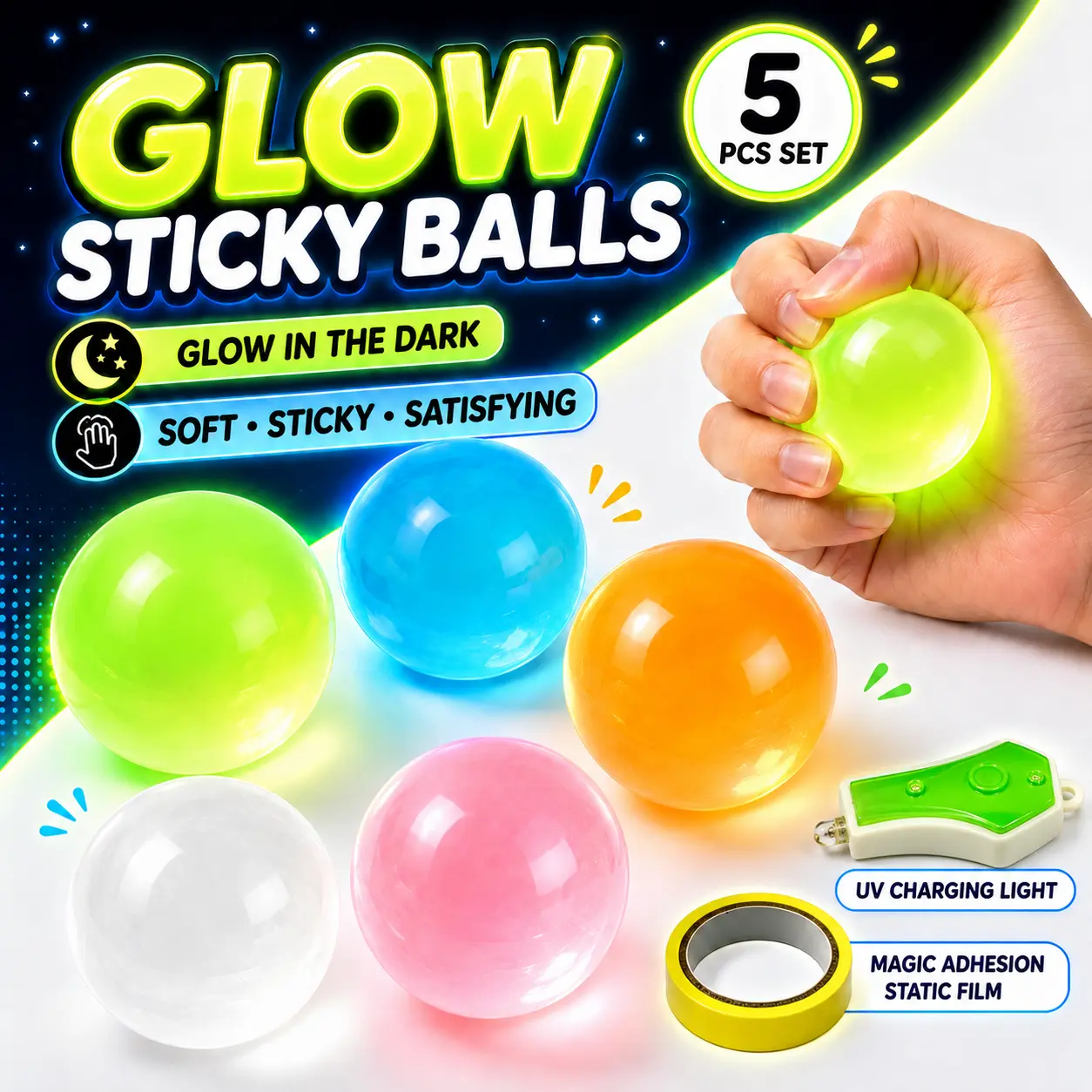 Glow Sticky Balls for Ceiling, 5-Pack Glow-in-the-Dark Sticky Wall Balls, Washable Reusable Sensory Fidget Toys for Kids & Adults, Lights-Off Fun, Screen-Free Indoor Play, Party Favors, Stocking Stuffers, Birthday Gifts, Travel Toys & Rainy Day Activities
