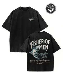 Fisher of Men Matthew 4:19 Vintage Acid Wash Tee | Christian Fishing Faith Shirt,Retro Christian Fisher of Men Fish Pole Tee | Matthew 4:19 Faith Oversized Top,Unisex / men & women
