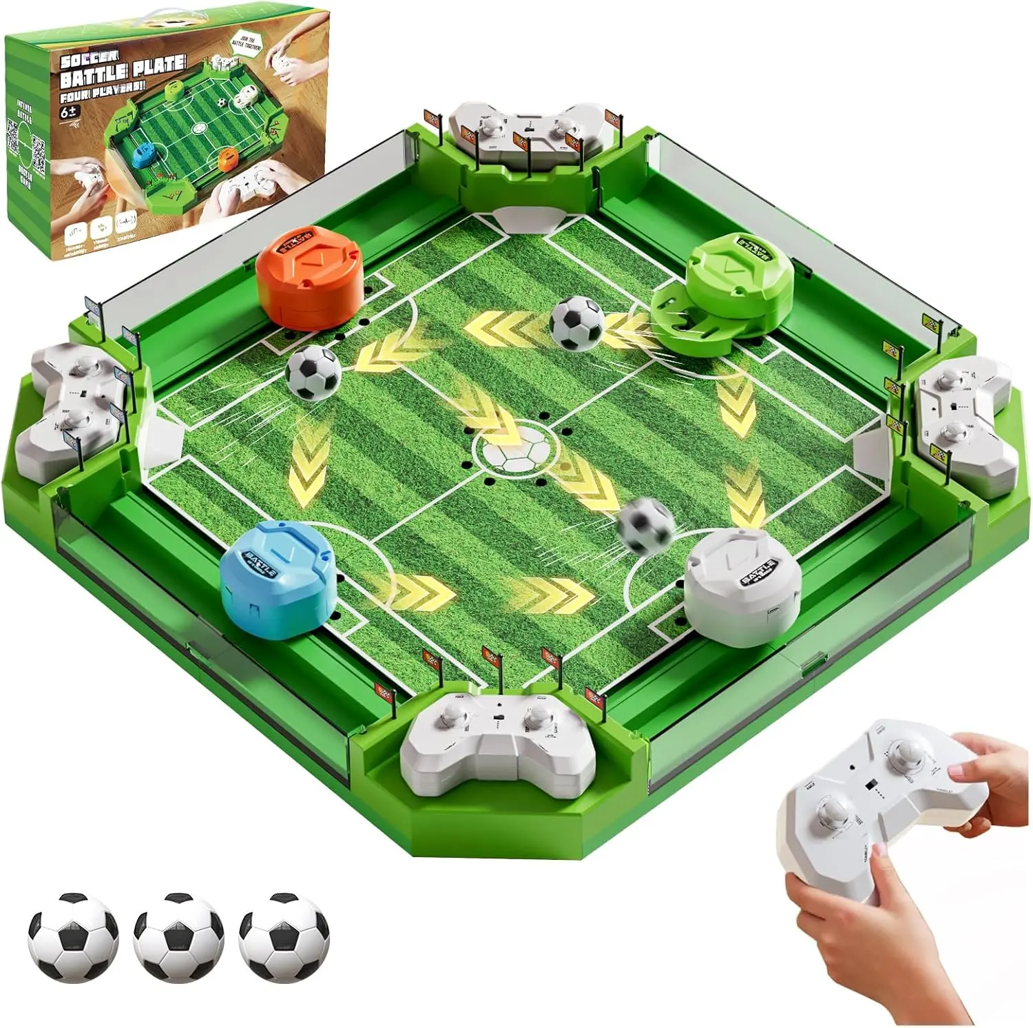 23.6×23.6-in Remote Control Foosball Table Game (Football Item), Large Tabletop Mini Soccer Set with 3 Balls, 4 Remote Controllers, Installation Manual, Easy Setup, Adjustable 2-4 Player Modes, Playroom Sports Toy for 3-12+ Yrs Old Kids Christmas Gifts