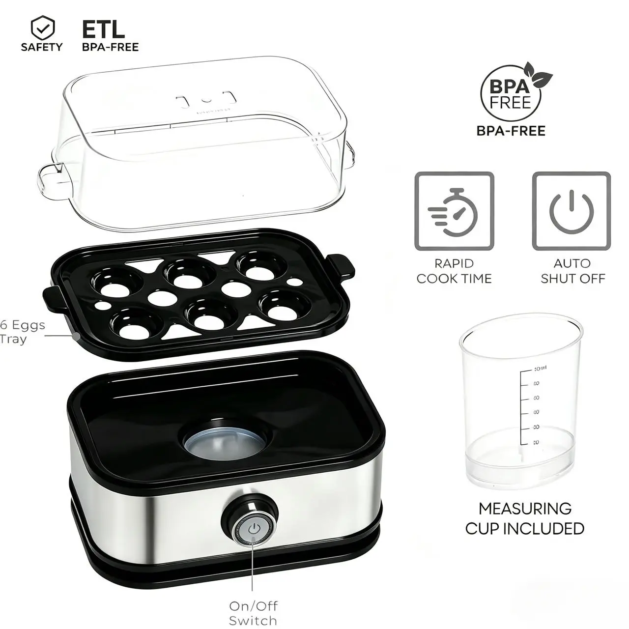 【Mother’s Day Gift】Rapid Egg Cooker Electric 6 Eggs Capacity 2025 New Smart Egg Cooker with Auto Shut Soft Medium Hard Boiled Poacher Omelet Maker Stainless Steel Sleek Design Egg Steame
