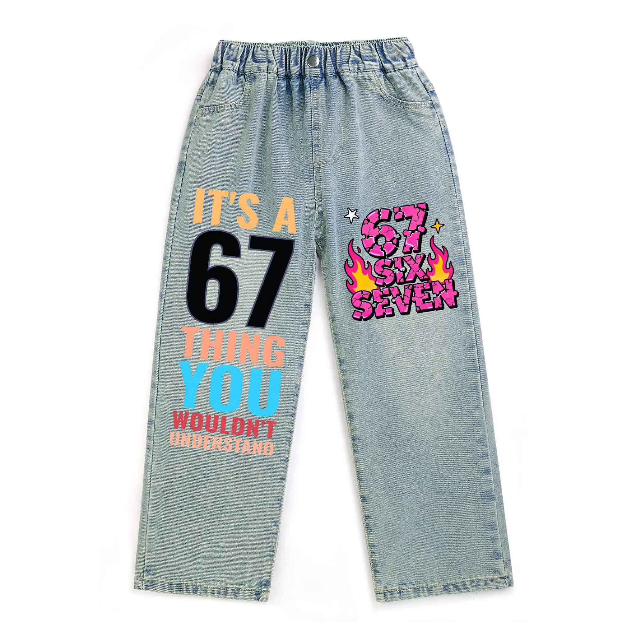 Kid's Jeans for Boys and Girls 6 7 SIX SEVEN Football Print Fashion Casual Comfy Denim Jeans for children between 7 and 13 years old. AB-102