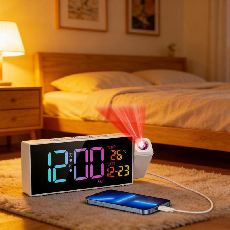Projection Clock for Bedroom Ceiling, Alarm Clocks with 180° Rotatable Projector, Date Temperature and Weekday, Manual DST, 5 Brightness Levels, 10 Ringtones, 4 Volume Levels and Snooze (Black)