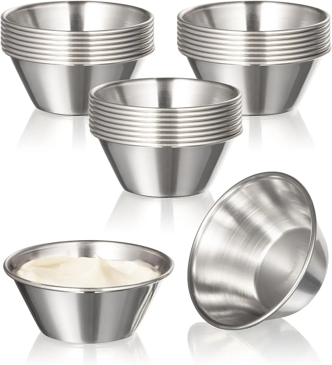 FMP Brands Stainless Steel Sauce Cups (1.5, 2.5, 4 oz) - Reusable Metal Ramekins, Commercial Grade Condiment Dipping Portion Bowls for Sauces, Dressings, Au Jus