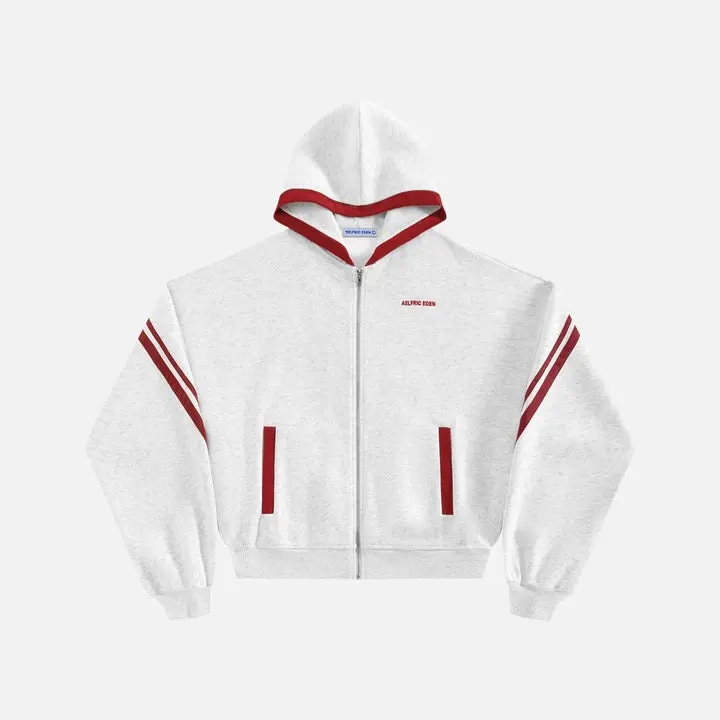 Aelfric Eden Boxy Stripe Zip Up Hoodie Red-White Contrast Stripe Design Hooded Zip-Up Closure Mini Brand Soft Fabric Retro Sporty Streetwear Unisex Outerwear,back to school,back to school shopping