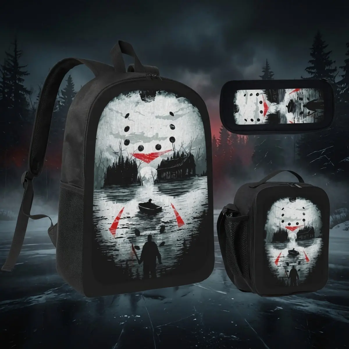 Friday the 13th Jason Voorhees 3-Piece Backpack Set - 17in Polyester Teen Student Bookbag with Lunch Box, Pencil Case, Dual Zips, Halloween Lake Scene Slasher Art Print Oxford Rucksack Gift for Horror Fans