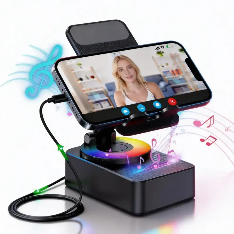 5-in-1 Electronic Multifunction Bluetooth Speaker with Colorful LEDs, Phone Holder, Foldable Spinning Portable Charger for iOS Android Smartphones – Ideal Party Gift, Chargers Included
