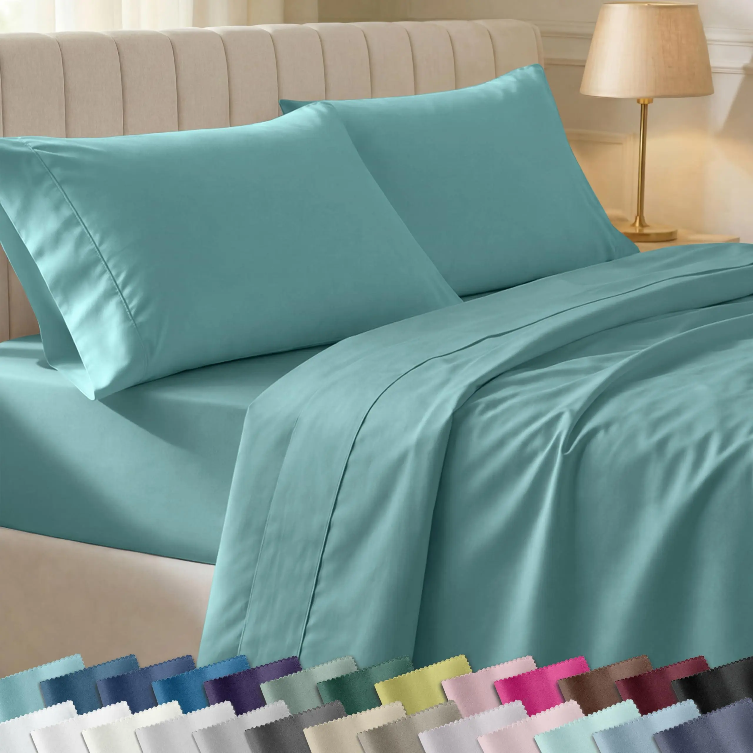 Natural 100% Cotton Sateen Sheet Set, Soft 400 Thread Count, Deep Pockets for a Snug Fit, Durable Bedding