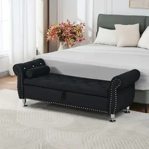 62.2'' Storage Bench for Bedroom End of Bed, Storage Bench with Crystal Buttons and 1 Pillow, Upholstered Tufted Storage Ottoman Benches with Arms for Living Room Entryway, Velvet Black