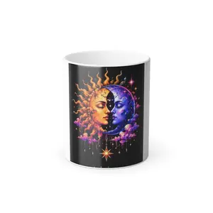 11oz Sun and Moon Face Color Morphing Glossy Ceramic Mug - BPA Free Heat Reveal Coffee Mug for Tea, Coffee Use, Coffee Mugs