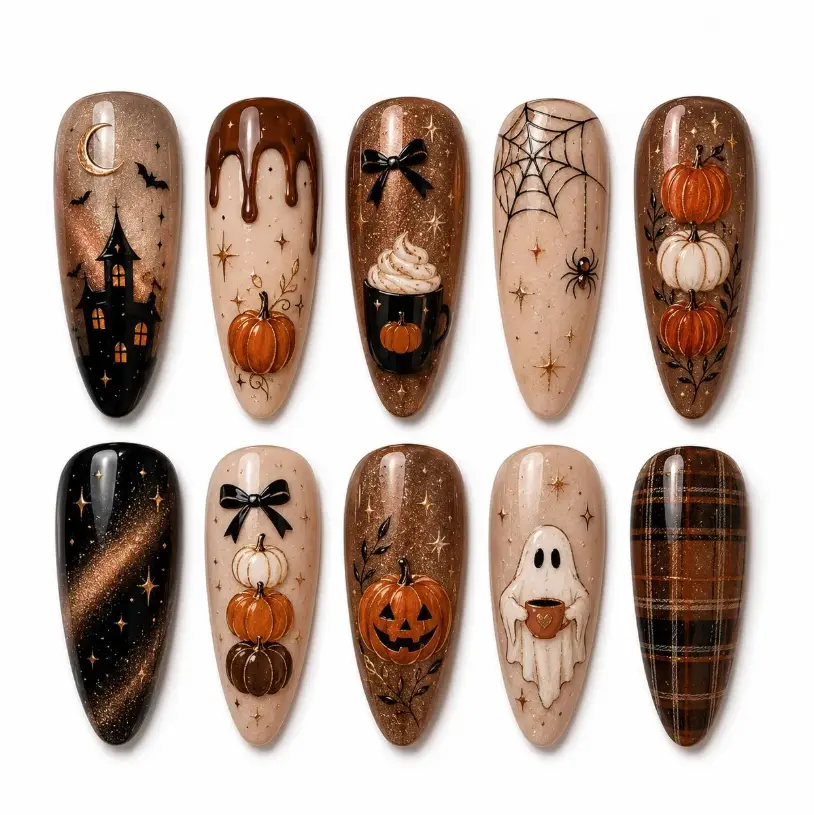Halloween Press On Nails | Pumpkin, Ghost, Spider Web Autumn Set