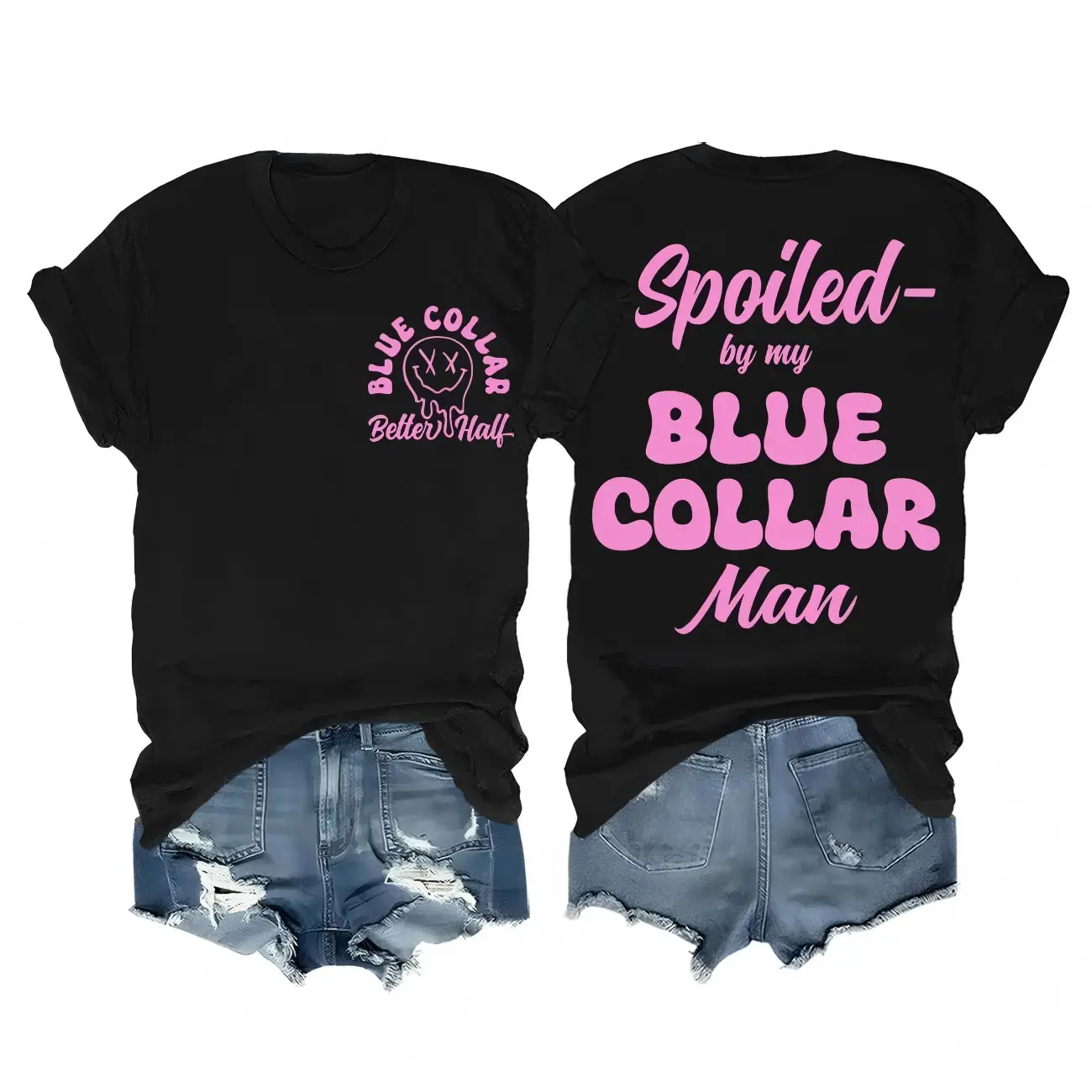 Men's Unisex Vintage Streetwear 2-Side Print Round Neck Short-Sleeve Stylish Funny Blue Collar Graphic T-Shirt, Shortsleeve, Menswear, Casual, Humor Graphic Tee