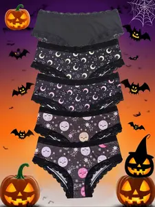 Morvia 5pcs Sexy Cute Gothic Halloween Contrast Lace Hipster Panties, Allover Print Comfy Intimates Briefs Panties, Women's Underwear & Lingerie, Womenswear