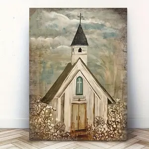 1 Piece Wooden Frame Farmhouse Canvas Painting Art Print Wall Bedroom Living Room Decoration Country Church Picture Christian Religious Belief Canvas Print Church Picture with Frame Ready to Hang Gift
