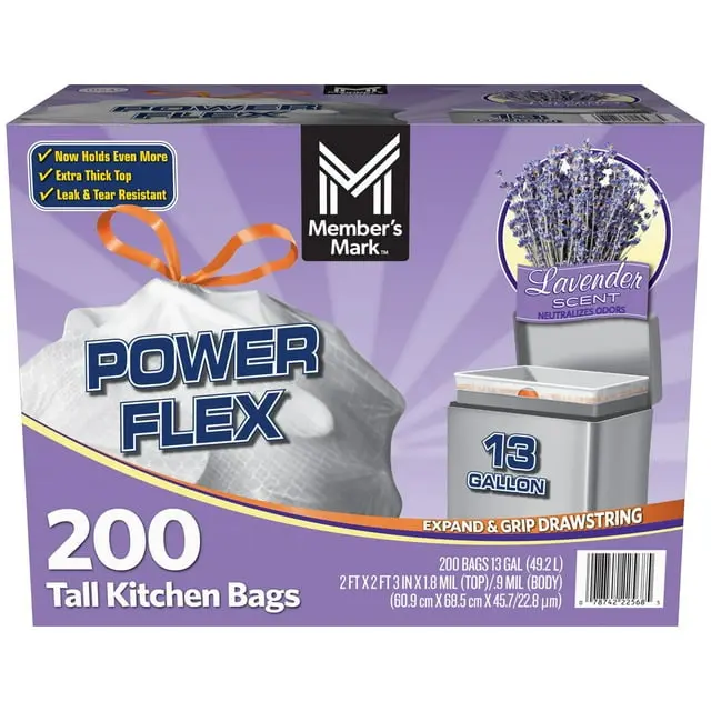 Member's Mark Power Flex 13-Gal Tall Kitchen Trash Bags, Lavender Scent, 3-Pack, 200 Count