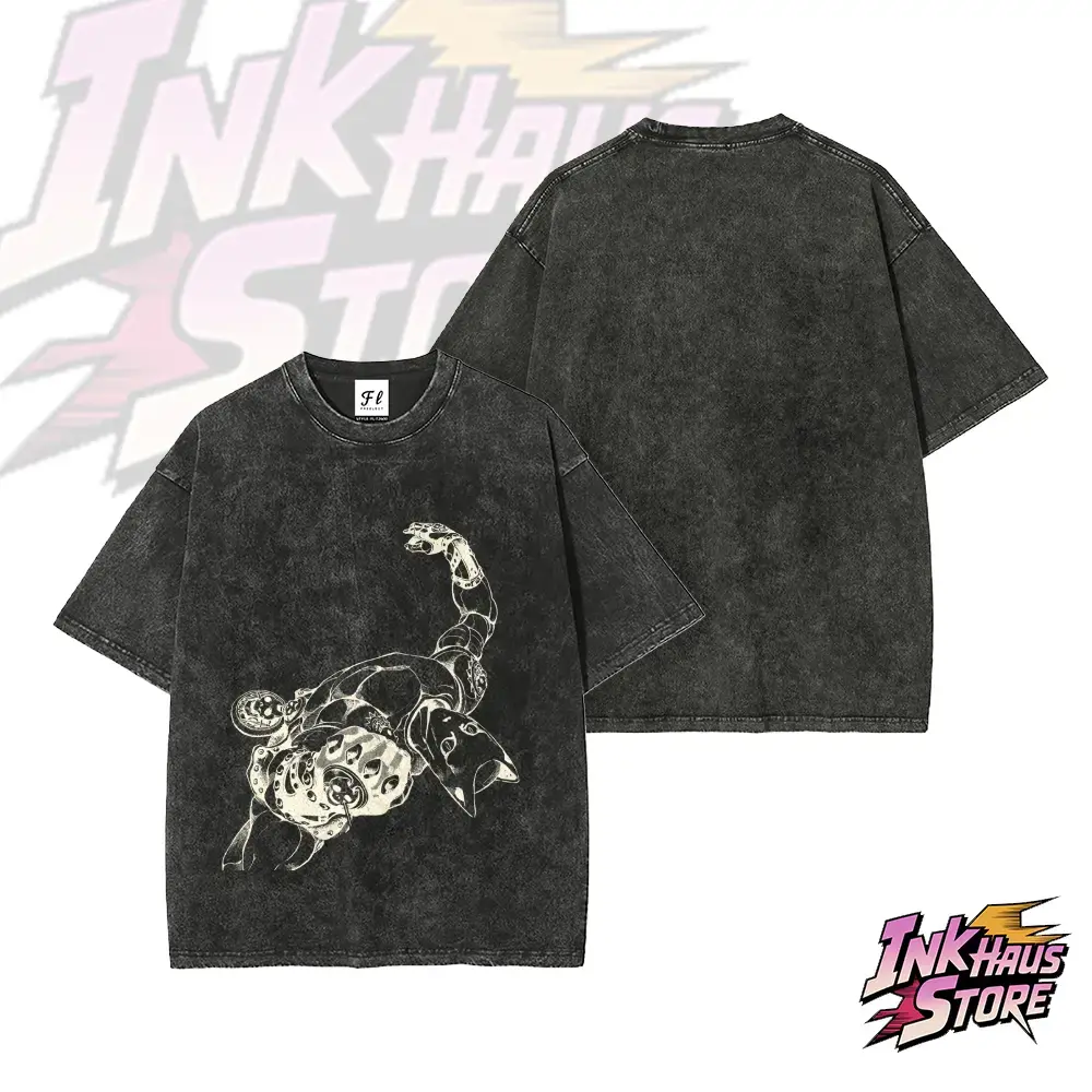 Menswear Unisex JoJo's Bizarre Adventure Killer Queen Graphic T-Shirt - Short Sleeve, Premium Cotton, Acid Wash, Round Neck, Retro Anime Fashion Style, Casual, Lettuce Trim, Relaxed H-Type Loose-Fitting, Cold Machine Wash, Do Not Bleach, Hang Dry, Size M