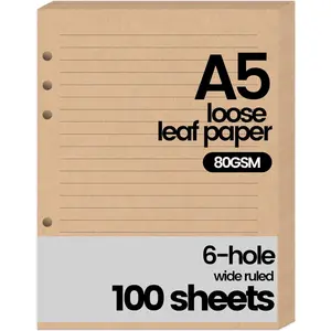 Filler Paper, 6 Hole Punched, 100 Sheets Loose Leaf College Ruled Lined Notebook Paper, 5.6'' x 8.25'' Filler for Notebooks Journals School Office Writing Supplies, Brown