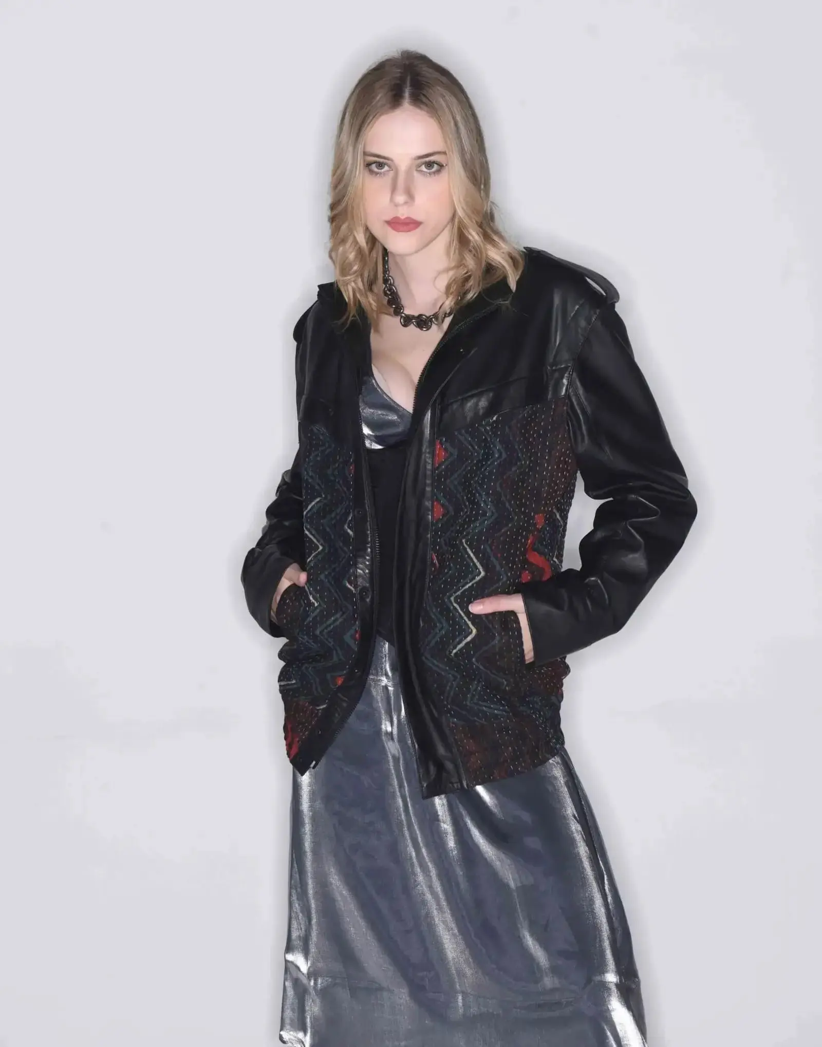 Kantha Blend 2 LEATHER JACKET WITH AFRICAN PRINT