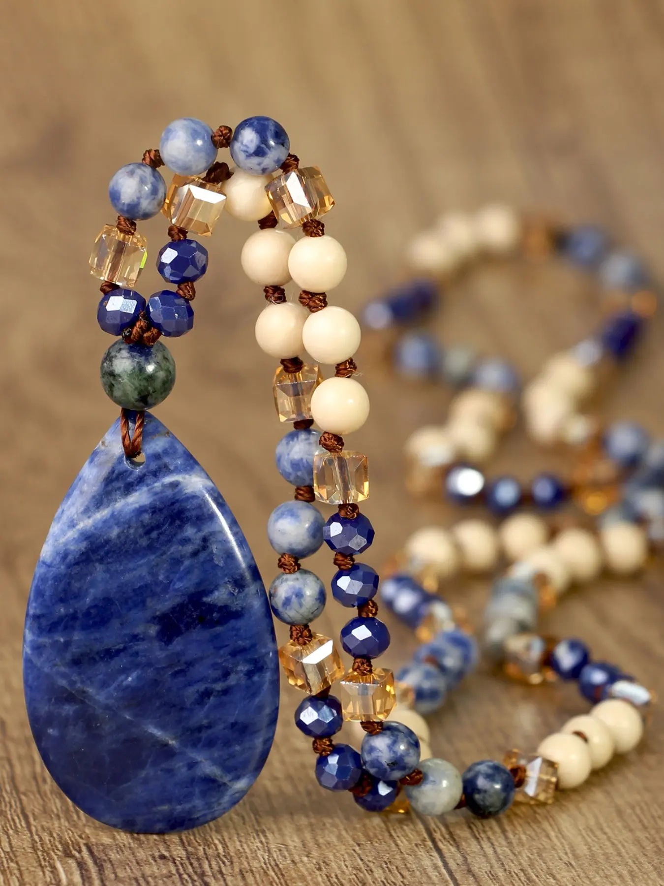 Vintage Nature Sodalite Necklace, Bohemian Waterdrop Pendant, Handmade Knot, Nature Stone, Long Necklace, Boho Style Necklace, Women Jewelry, Dainty Boho Necklace, Droplet Pendant Necklace, Decorative Necklace, Thanksgiving Gift