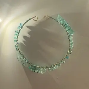 Teal Handcrafted Adjustable Wire Bracelet with Aquamarine Crystal Beads for Any Occasion March Birthstone Jewelry Accessory