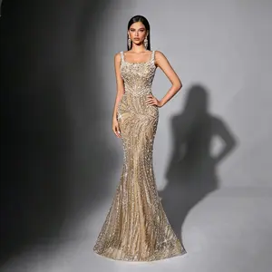 Nude Champagne Square Neck Backless Mermaid Evening Gown Full Beaded Rhinestone Sleeveless Bodycon Formal Dress Elegant Floor Length Prom Gala Wedding Party Gown Adjustable Waist Tightness Womenswear summervibes