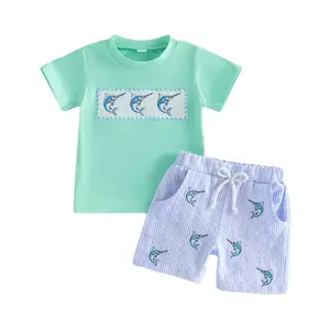 Kids Summer Clothes Toddler Boy Fish Embroidery Short Sleeve O Neck Shirt and Striped Shorts Two Piece Sea Outfit