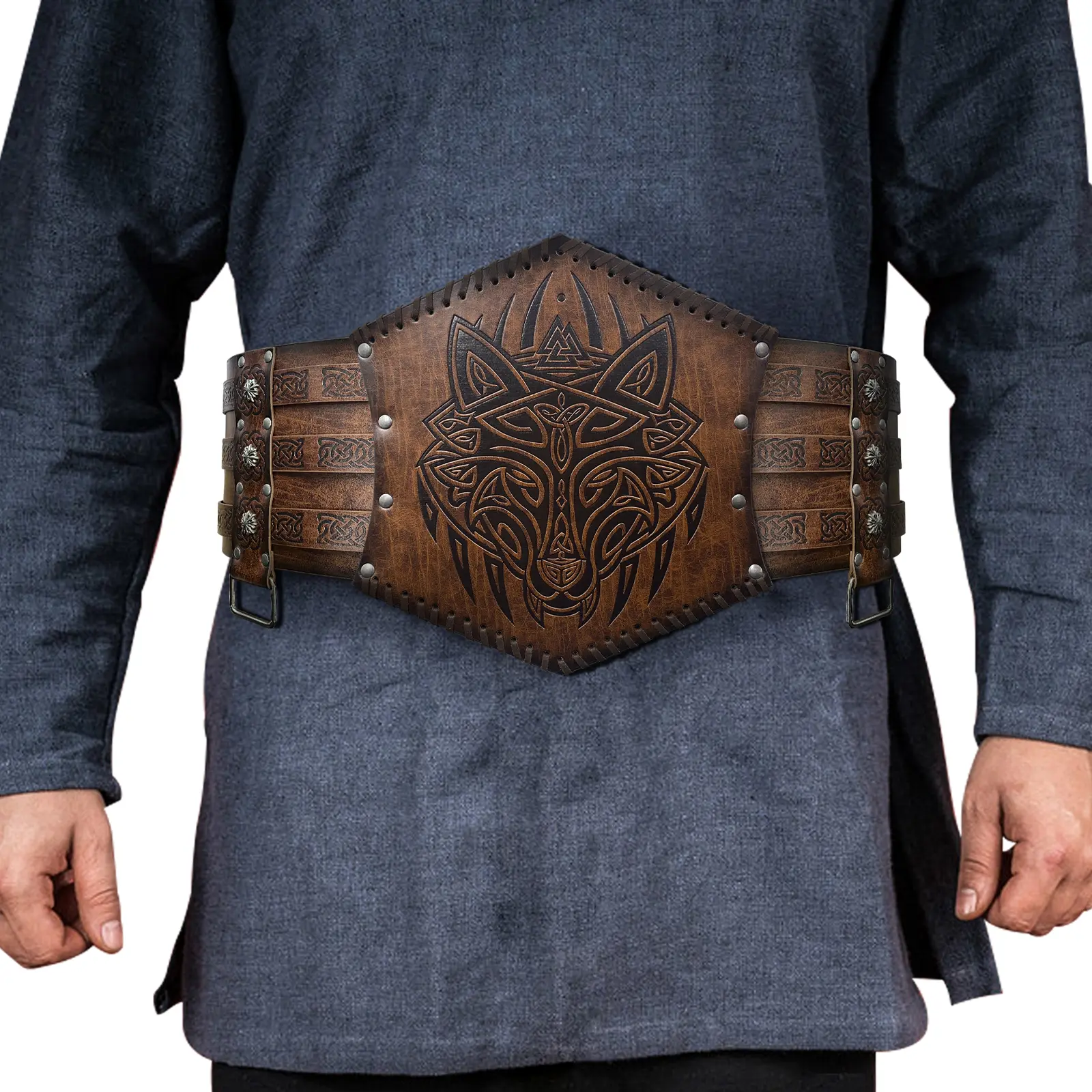 HiiFeuer Men's Viking Embossed Waist Armor Belt - Norse Leather & Faux Leather Wide Medieval Corset Clothes Accessory for LARP Costume, Renaissance Cosplay (Vintage Beige Plain Design), Menswear, Mens Clothing, Fashion, Pu Leather