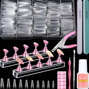 600PCS Clear Coffin Nail Tips Set Qinzave Clear Acrylic Nail Tips with Nail Glue Coffin Nails Full Cover with Nail Display Stand, Cuticle Nail Pusher Remover, Nail Files Buffer